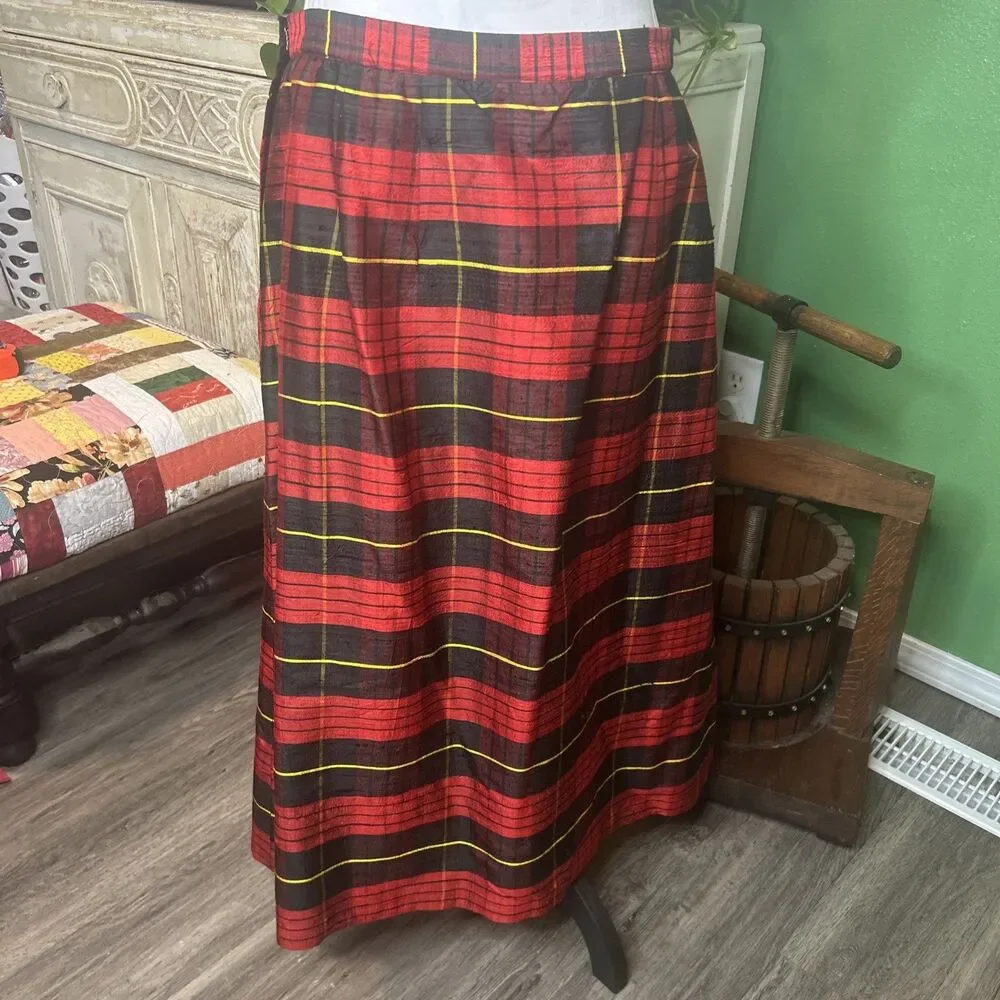 Vintage Tartan Plaid Maxi Raw Silk Texture Skirt Size 14 Holiday Formal Preppy
